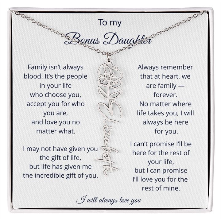 To My Bonus Daughter | We Are Family | Birth Flower Name Necklace