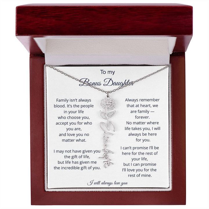 To My Bonus Daughter | We Are Family | Birth Flower Name Necklace